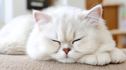 Obraz premium Peaceful Sleep of a Fluffy White Cat - A fluffy white cat sleeps peacefully, symbolizing serenity, comfort, tranquility, relaxation, and peace
