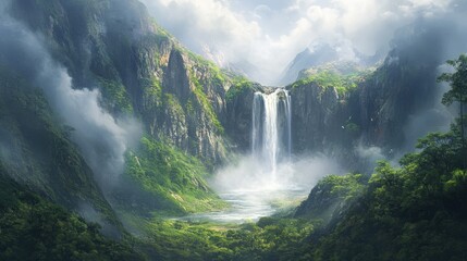 Fototapeta premium Lush valley with cascading waterfall in misty mountains.