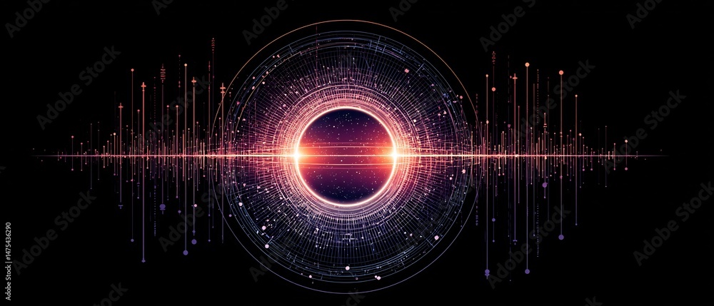 Poster abstract technological singularity with digital waveforms and core energy