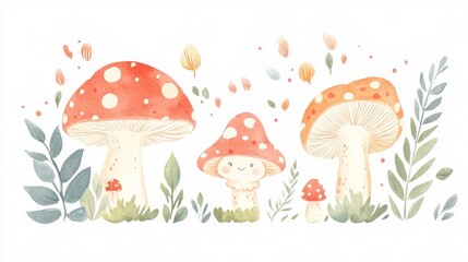 Watercolor mushrooms with leaves and flowers