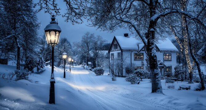 A snowy street with houses and illuminated lamp posts at dusk