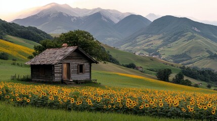 Fototapeta premium Rustic wooden cabin sits amongst sunflowers near the mountains