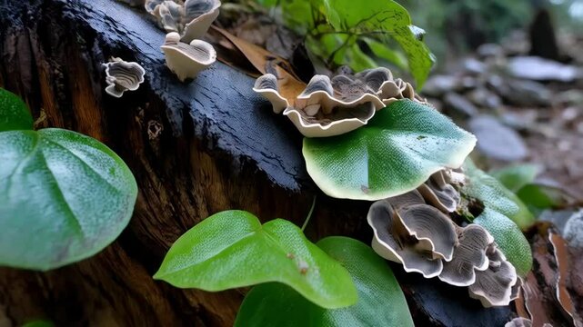 Mushrooms growing on a damp, decaying log with green leaves in a forest environment, providing a close-up nature shot.