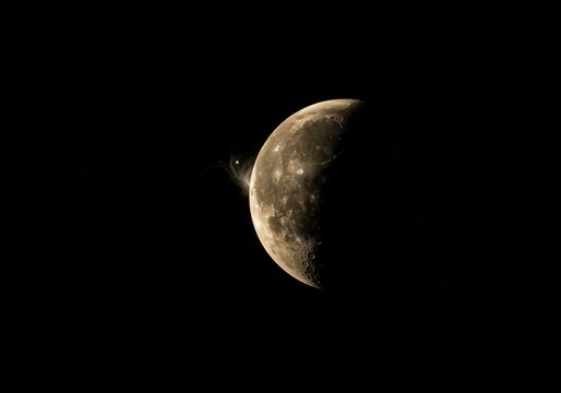 Close up of a crescent moon in the night sky. Astronomical event of a partial lunar eclipse. Detailed surface with craters and texture suitable for space background or science illustration.
