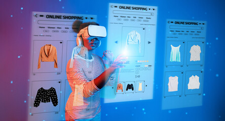 African girl using augmented reality technology while holding shopping bag. Child looking shopping...