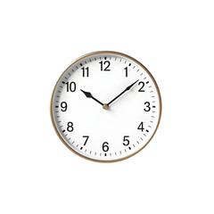 A round wall clock with a black face, gold hands, and white frame, displaying the time against a plain png background
