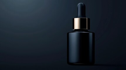 A black dropper bottle with gold details on a dark backdrop