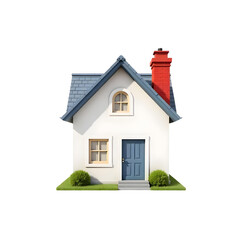 A small red house with a white roof and a red brick chimney, with a png background