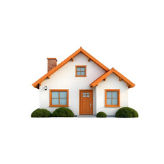 A white house with orange roof and door, a garage on the front side, two windows on the front side, bushes on the front, white background (1)