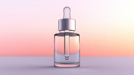 Naklejka premium A clear glass dropper bottle is sitting in front of a backdrop