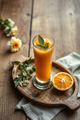 Fototapeta premium Refreshing Orange Juice with Mint on a Wooden Tray