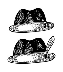 Hunter hat with feather. Vintage black engraving illustration. Isolated on white background. Hand drawn design element for poster