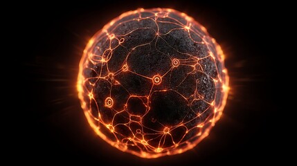 Abstract Sphere with Glowing Orange Connections and Black Background 