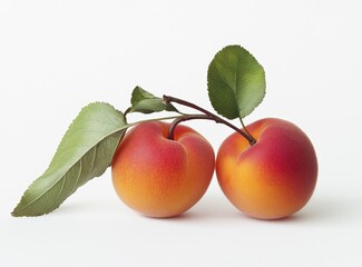 Two Apricots with Leaf on White Background