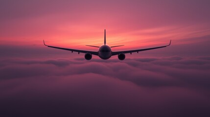Obraz premium The Airplane Flying At Sunset Above A Fluffy Cloudscape