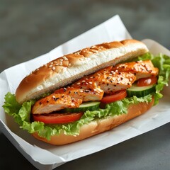 Delicious Grilled Salmon Sandwich Lunch with Fresh Lettuce and Tomato