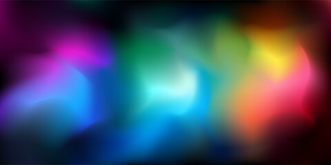 Multicolored lights reflecting on smoke or fog on black background. Horizontal blurred pattern of gradient multicolored neon lights at night. Abstract pattern illustration.