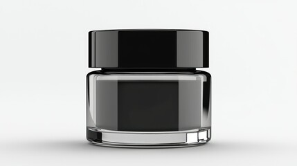 A small glass jar with a glossy black lid is shown