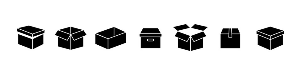 Set of black icons of boxes of different shapes. Cardboard packaging boxes for delivery. Vector illustration.