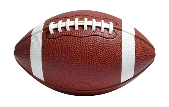 An american football with white stripes and stitches, brown leather texture, isolated on a png background