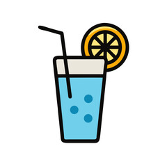 Obraz premium Refreshing sparkling water icon with lemon, straw, bubbles