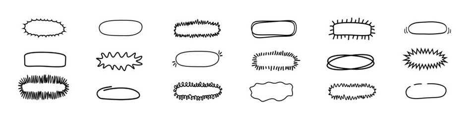 Set of hand drawn speech bubbles and frames.
Text highlights. Underline for quotes.
Comic book outline design.