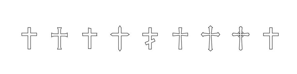 Obraz premium Set of cross icons. Christian, religious symbols of crucifixes in outline style. Line art. Vector illustration.