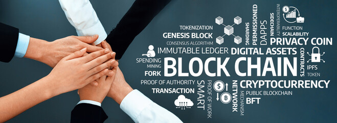 Hands unite over a collage of blockchain concepts and cryptocurrency themes, showcasing teamwork...