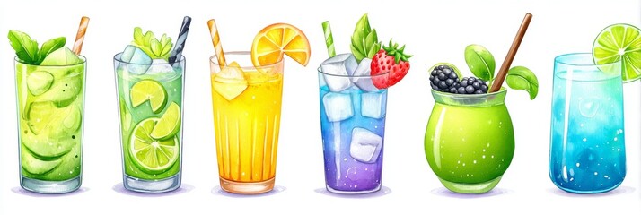 Refreshing Summer Cocktails - A vibrant collection of six summer cocktails, each showcasing unique fruit and ice combinations. Perfect for a hot day