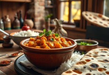 Steaming hot Chickpea Curry in a rustic earthenware bowl