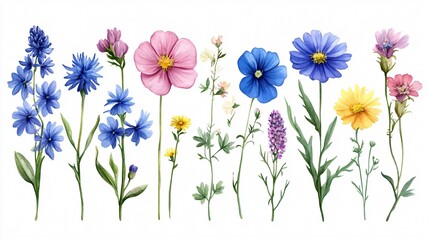 Vibrant Wildflowers Watercolor Botanical Illustration