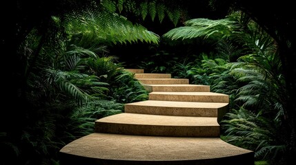 Obraz premium Staircase surrounded by dense green foliage and lush tropical plants