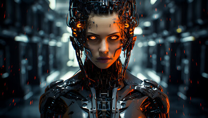 Wallpaper Futuristic female cyborg portrait at cybercity and glowing elements. AI, robotics, and advanced technology concept for a sci-fi vision. Cyborg 4K Wallpaper backgrounds	