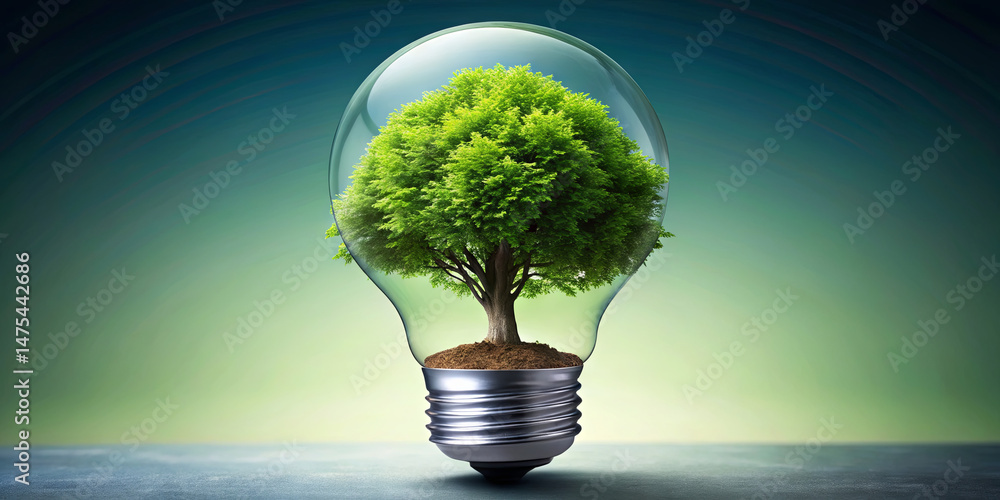 Poster a light bulb encasing a lush green tree stands on a surface. this visual metaphor emphasizes the con