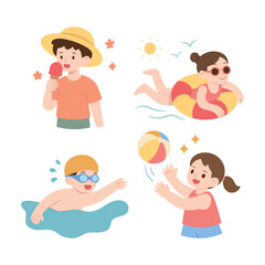 Kids enjoying summer activities: eating ice cream, swimming, playing with a beach ball, and floating on a swim ring under the sun. Vector illustrations set.