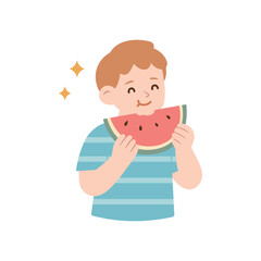 A happy little boy is eating a slice of watermelon. This cartoon-style illustration conveys the refreshing fun of summer treats. Vector isolated on white.