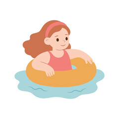 A little girl floats in the water using a swim ring. A playful summer illustration perfect for pool, beach, or vacation themes. Summertime, childhood. Vector isolated on white.