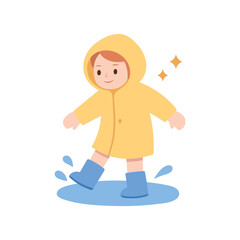 A child in a raincoat and boots joyfully splashing in a puddle. A cute and playful rainy day vector illustration isolated on white. Cartoon style, Children's Day.