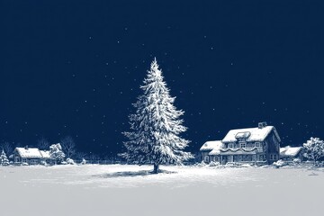 Naklejka premium A snowy winter scene at night featuring a Christmas tree.