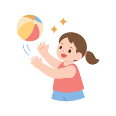 A cheerful little girl with a ponytail is playing with a beach ball. Cartoon vector illustration captures the joy of summer fun and active playtime. 