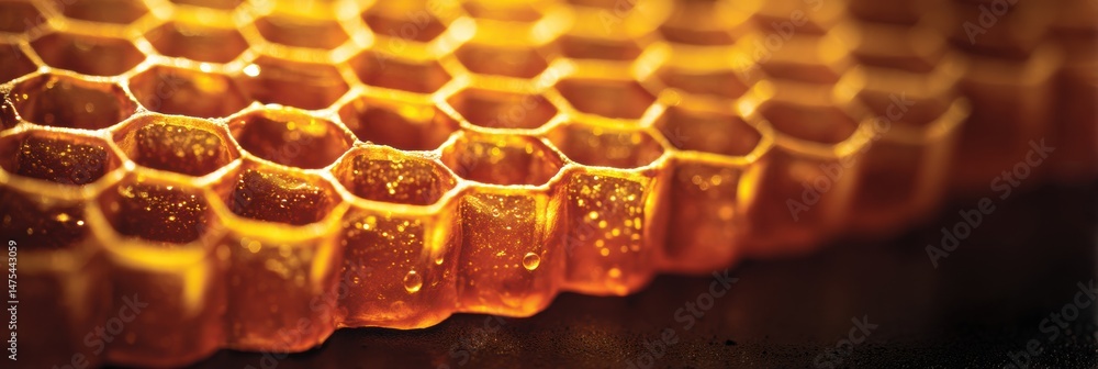Poster close-up view of vibrant honeycomb revealing intricate hexagonal patterns and a warm golden glow, sh