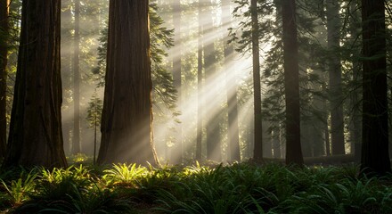 Obraz premium Sunlight Piercing a Misty Redwood Forest