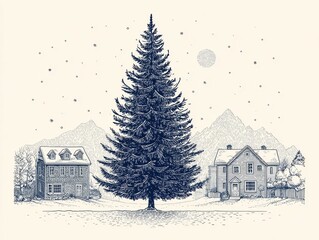 Winter scene with a tall fir tree in a snowy landscape.