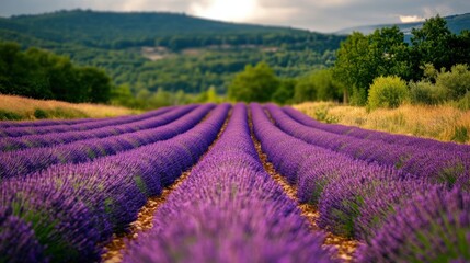 Lavender field rows stretch into a picturesque landscape.