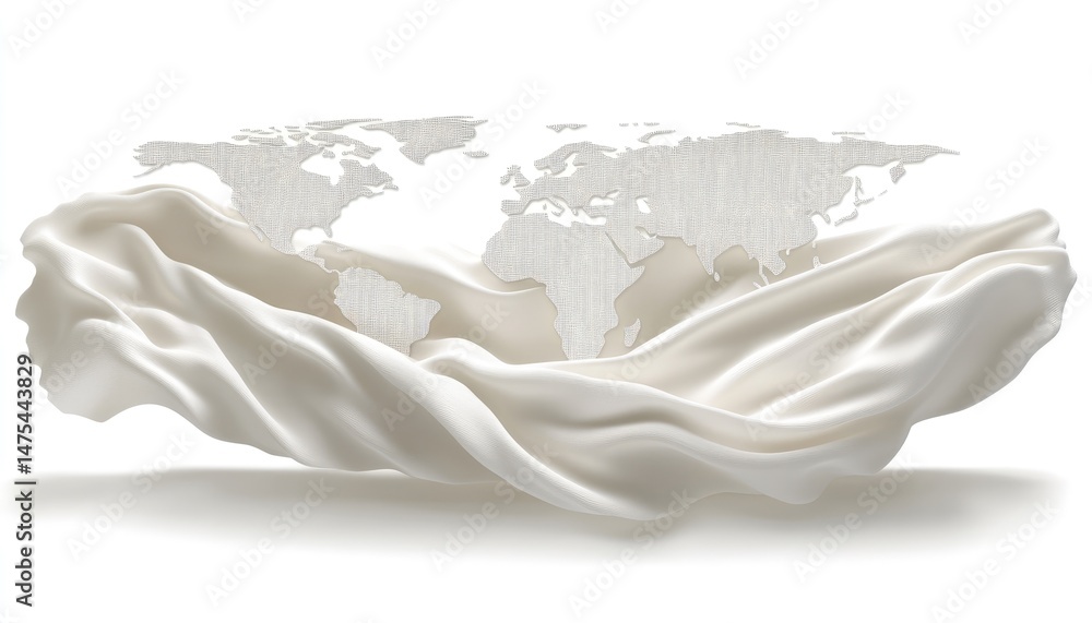 Poster abstract image of a white fabric draped to form a bowl shape with a world map overlay creating a con