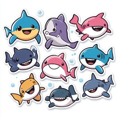Cute Cartoon Shark Stickers: Playful Marine Life Illustrations