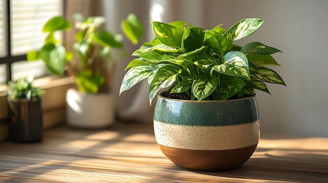 Beautiful green indoor plant placed perfectly on wooden table high resolution picture