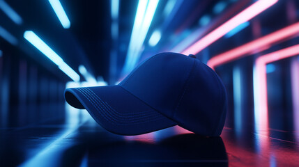 A navy blue cap levitating in a futuristic neon-lit environment, with soft shadows adding realism.
