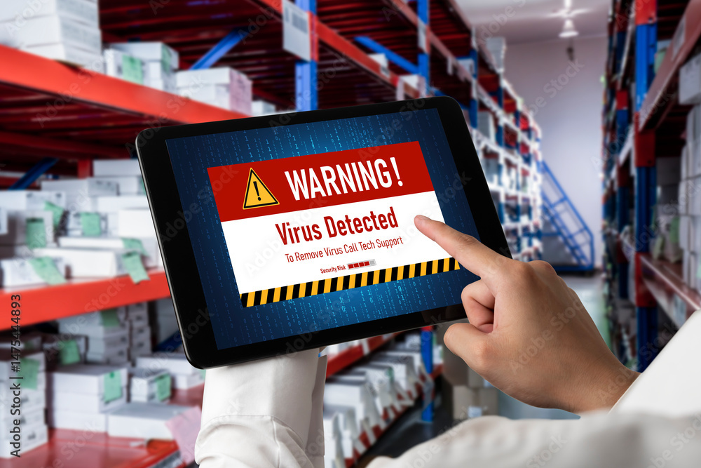 Poster virus warning alert on computer screen detected modish cyber threat , hacker, computer virus and mal