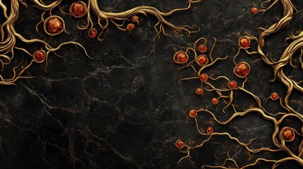 Dark stone, gold vines,  red gems